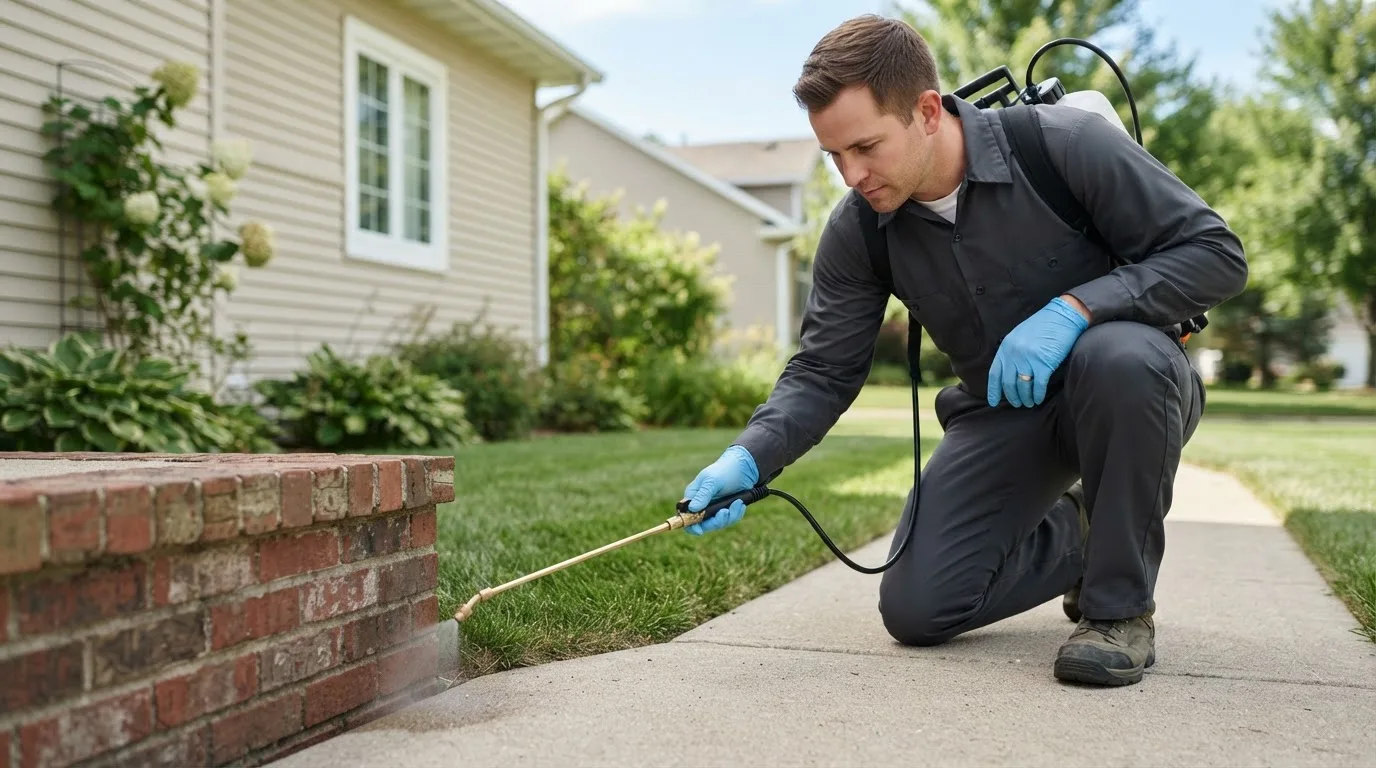 Pest control technician treating a home near Bannister, MI