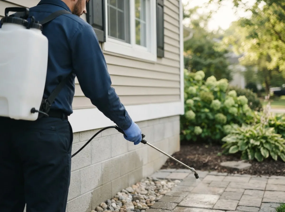 Pest control technician inspecting a home in Bannister, MI